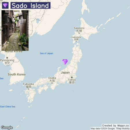 An annotated map of Japan highlighting the location of Sado Island in the Sea of Japan with marked cities including Tokyo, Osaka, and Sapporo.