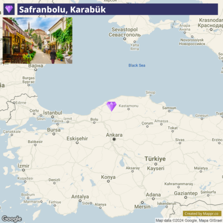 An inset photograph on the top left showing a picturesque street in Safranbolu, Karabük, with traditional houses and a person walking, and a map of Turkey highlighting the location of Safranbolu with a purple marker on the north-western part of the country, near the Black Sea.