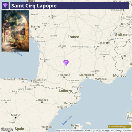 An inset photo of a charming street scene with historical buildings in Saint Cirq Lapopie, placed over a map of southern France highlighting the location of Saint Cirq Lapopie with a purple pointer.