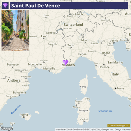 "Map showing the location of Saint Paul De Vence near Monaco in the south-eastern region of France, with a thumbnail image of a cobblestone street lined with traditional buildings in the inset."