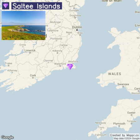 A map showing the location of the Saltee Islands off the southern coast of Ireland, near Wexford, with a small inset picture in the upper left corner depicting a scenic view of the coastline and greenery of the islands.