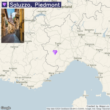 An inset photograph of an alleyway in Saluzzo, Piedmont, on a map highlighting the location of Saluzzo with a purple map pin within the Piedmont region in northwest Italy, surrounded by cities such as Turin and Genoa.