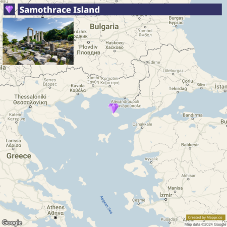 An infographic showing Samothrace Island with a map of the surrounding region, which includes parts of Greece and Turkey. On the top left, there's an image of ancient ruins with trees and a clear sky, labeled "Samothrace Island". Major nearby cities such as Thessaloniki, Plovdiv, and Istanbul are marked on the map. A purple arrow points to Samothrace Island, which is positioned in the Aegean Sea near the northeastern coast of Greece.