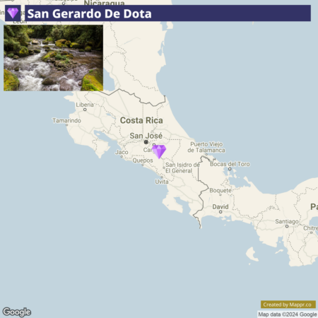 A map highlighting the location of San Gerardo De Dota in Costa Rica, with a purple diamond marker indicating its position, surrounded by other cities such as San José and Cartago, including parts of Nicaragua and Panama.