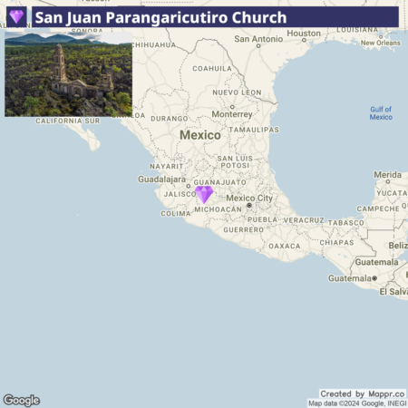 Alt text: A map of Central Mexico highlighting the location of San Juan Parangaricutiro Church in Michoacán, with an inset photo showing the remains of the church surrounded by vegetation.