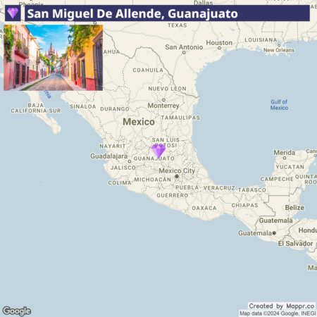 A map highlighting the location of San Miguel de Allende in the state of Guanajuato, Mexico, with a small inset picture showing a colorful street scene of the town in the upper left corner.