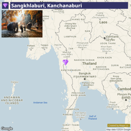 An overlaid image of elephants crossing a river in a forest setting on the top left corner of a map highlighting the Sangkhlaburi region in Kanchanaburi, Thailand, with surrounding areas and countries labeled in English and Thai script.