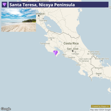 "Screenshots of a map highlighting Santa Teresa on the Nicoya Peninsula in Costa Rica, with a photo insert of a sandy beach under a clear blue sky."