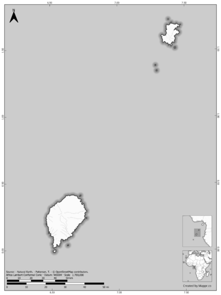 Blank black and white map of Sao Tome And Principe with borders and no labels.