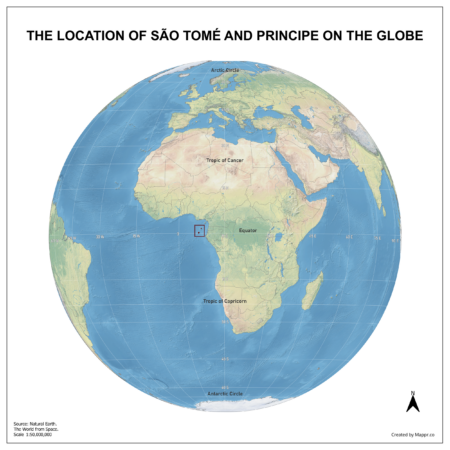 Map showing Sao Tome And Principe's location on a globe, highlighted in red on the African continent.