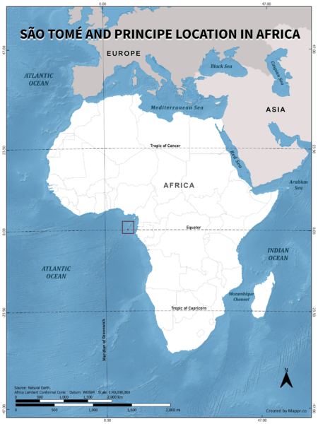 Sao Tome And Principe location on world map, color version.