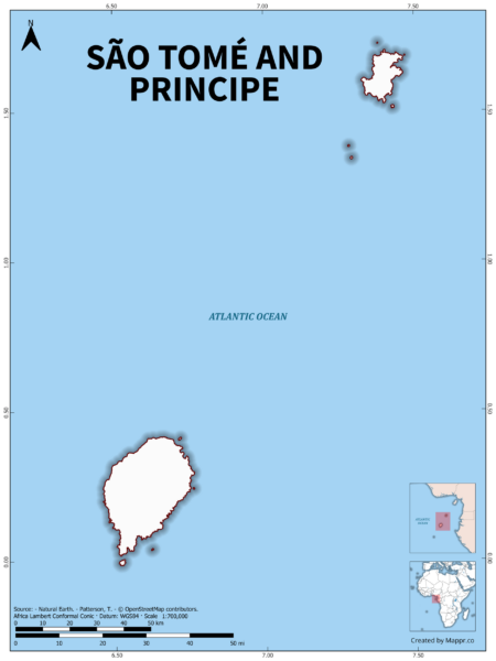 Outline map of Sao Tome And Principe with country borders in color.