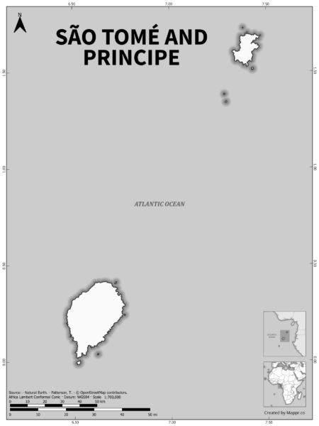 Black and white outline map of Sao Tome And Principe, showing the country's borders.