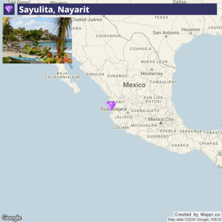 A split-screen image with the top half showing a scenic beach view in Sayulita, Nayarit with palm trees, ocean, and boats, and the bottom half displaying a map of Mexico highlighting Nayarit state and the location of Sayulita.