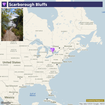 A split-image with the top portion showing a scenic photograph of a hiking trail towards Scarborough Bluffs, and the bottom portion displaying a stylized map highlighting the geographic location of Toronto in North America with Scarborough Bluffs marked near Toronto. The map includes parts of the eastern United States and Canada, with notable cities and bodies of water labeled. The image also contains a Google Maps watermark and a credit to Mappr.co.