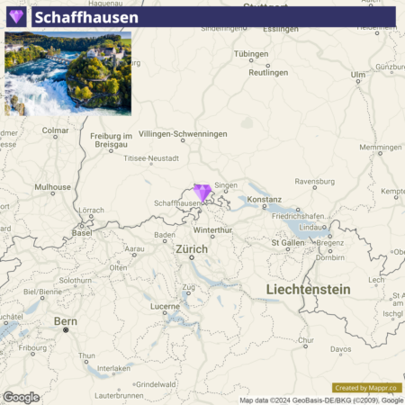 A map highlighting the location of Schaffhausen in Switzerland, with a small photo insert showcasing a scenic view of a waterfall and historical buildings in the upper left corner.