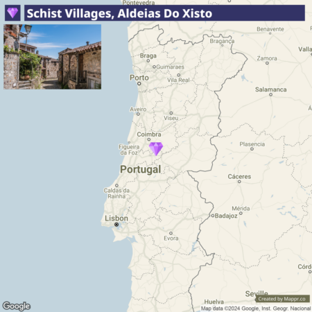 Image of Schist Villages, Aldeias Do Xisto, with a dual view: on the left, a photograph of a cobblestone street lined with traditional stone houses, and on the right, a map of Portugal highlighting the geographical region of the Schist Villages with a purple marker, near Coimbra.