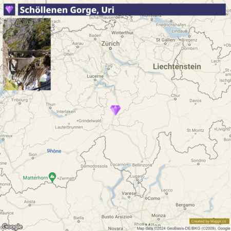 Map showing Schöllenen Gorge in the Uri canton of Switzerland, with an inset photo of a bridge and waterfall, and notable locations such as Zurich, Lucerne, Matterhorn, and Liechtenstein marked on the map.