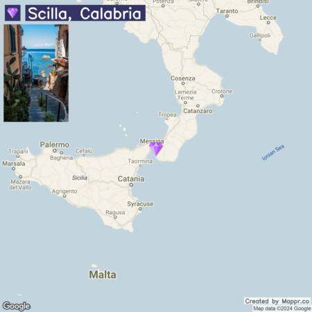 A map featuring the location of Scilla in Calabria, Italy, with an inset image in the upper left corner showing a scenic view of a coastal area, presumably Scilla, with a glimpse of the sea through buildings. The map is marked with surrounding cities and regions, such as Messina and Catania in Sicily, and icons indicating the position of Scilla in relation to them.