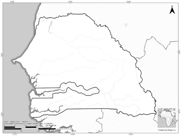 Blank black and white map of Senegal with borders and no labels.