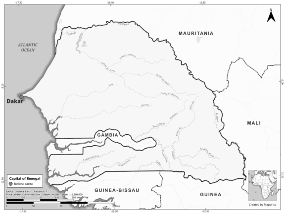 Black and white map highlighting Dakar, the capital of Senegal.