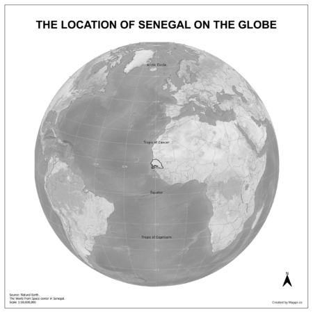 Map showing Senegal's location on a globe, highlighted in red on the African continent.