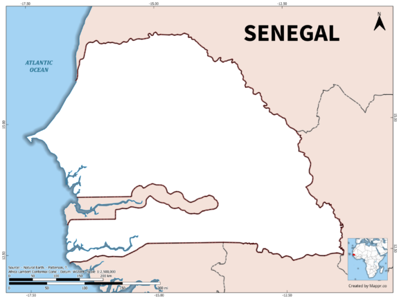 Outline map of Senegal with country borders in color.