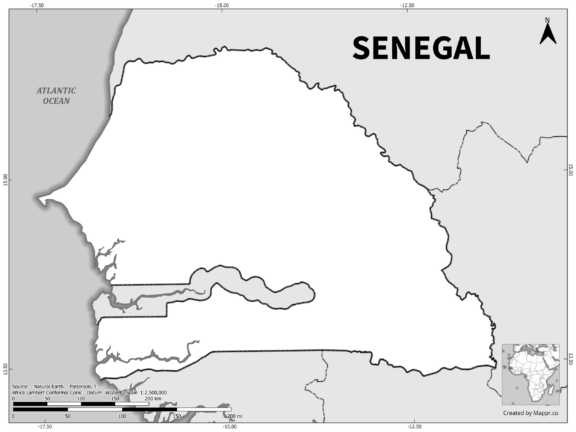 Black and white outline map of Senegal, showing the country's borders.