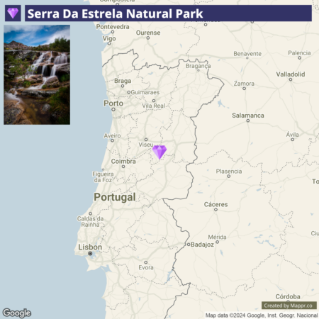 A map highlighting Serra da Estrela Natural Park in Portugal, with a purple location marker and an inset image of a waterfall within the park on the upper left corner.