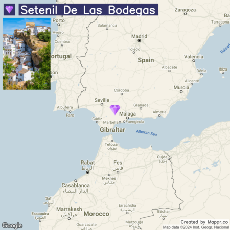 A map showcasing Setenil de las Bodegas in Spain with its location marked by a purple diamond-shaped icon, surrounded by other cities like Seville, Malaga, and Gibraltar, as well as the proximity to Portugal and Morocco. On the upper left corner, there is a picturesque inset photo of the white buildings of Setenil de las Bodegas nestled into the rocky cliffs.