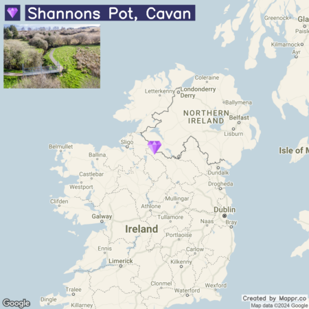 Map of Ireland highlighting the location of Shannons Pot, Cavan with an inset aerial view of the area.