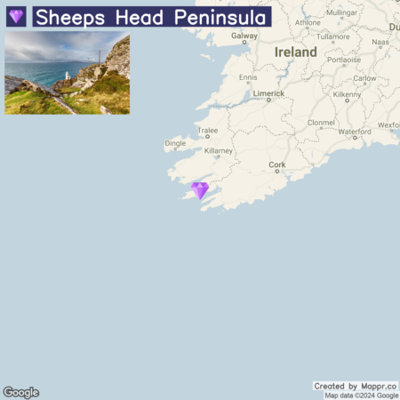 A map highlighting the Sheeps Head Peninsula in Ireland, with an inset photo of a scenic view of the rocky coast and the ocean.