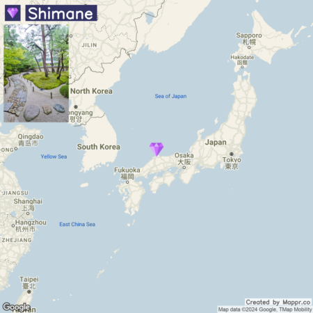 A map showing the location of Shimane Prefecture with a purple diamond marker on Japan's mainland, near the Sea of Japan, with surrounding regions and countries like South Korea and parts of China also visible.