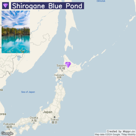 Map of Japan highlighting the location of Shirogane Blue Pond in Hokkaido, with an inset photo showing the scenic view of the pond's vivid blue water and surrounding trees.