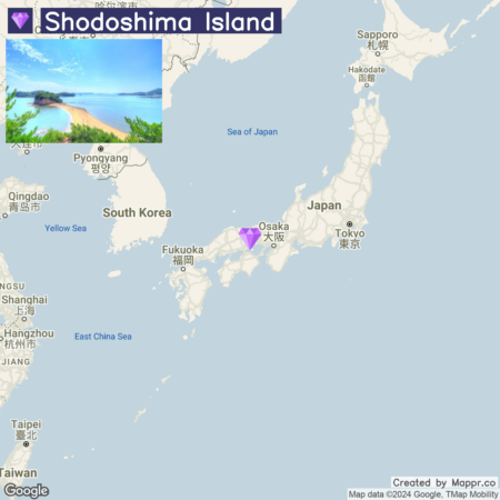 A map highlighting Shodoshima Island's location in Japan, with an inset photograph of a coastal view of the island in the upper left corner. Major surrounding areas labeled include South Korea, Osaka, Tokyo, Sea of Japan, and the East China Sea.