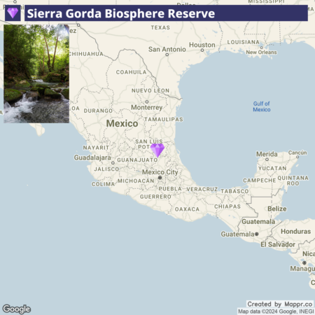 A map highlighting the Sierra Gorda Biosphere Reserve located in central Mexico, with the Gulf of Mexico to the east and an inset photograph in the upper left corner showing a lush, green forested area with a stream and small waterfall.