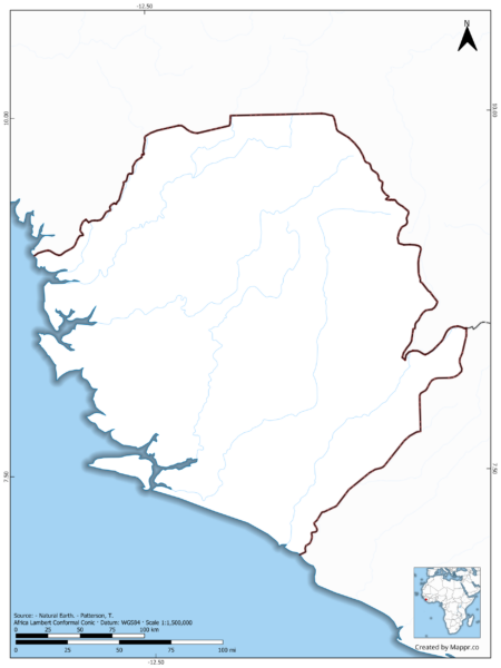 Blank map of Sierra Leone showing borders and no labels, in color.
