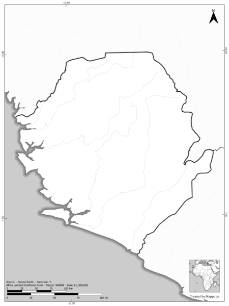 Blank black and white map of Sierra Leone with borders and no labels.