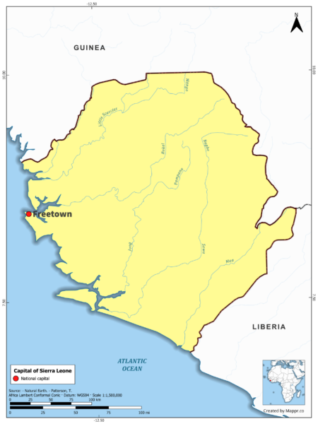 Map highlighting Freetown, the capital of Sierra Leone, with country borders, in color.