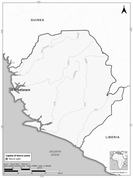 Black and white map highlighting Freetown, the capital of Sierra Leone.