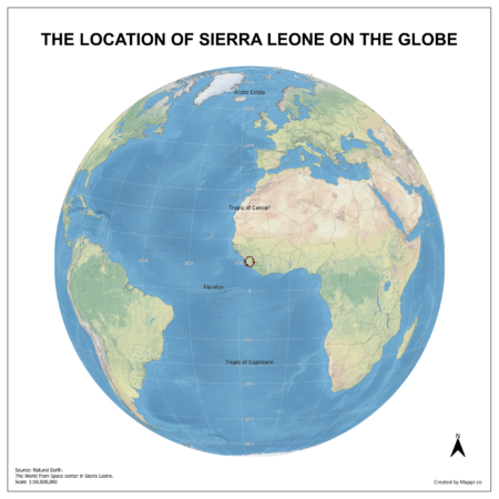 Map showing Sierra Leone's location on a globe, highlighted in red on the African continent.