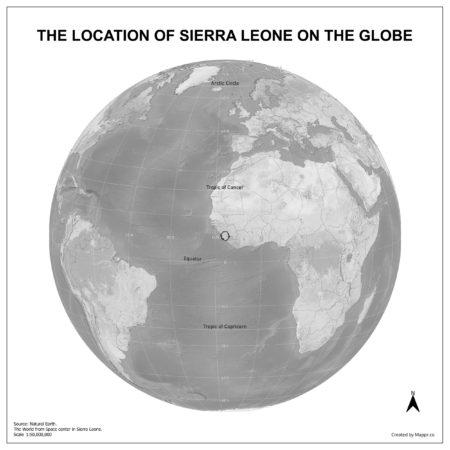 Map showing Sierra Leone's location on a globe, highlighted in red on the African continent.