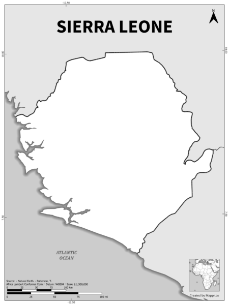 Black and white outline map of Sierra Leone, showing the country's borders.