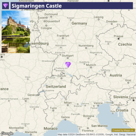 A map showing a part of Central Europe with Germany, Switzerland, France, and other surrounding countries, highlighting the location of Sigmaringen Castle with a purple marker in the southern part of Germany. The inset at the top left corner of the image displays a photo of Sigmaringen Castle overlooking the river.