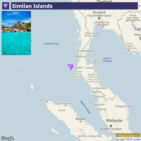 A Google map highlighting the Similan Islands in the Andaman Sea near Thailand with a small inset photo on the top left corner showing a scenic view of the clear turquoise water and rocky landscape of the Similan Islands.