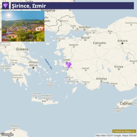 A map showing the location of Şirince, a village near Izmir in Turkey, with a thumbnail inset of the village's scenic view, its buildings and green landscape under a bright sun. The surrounding map shows regional cities including Izmir, Athens, and parts of Greece and Bulgaria for context, with map data credited to Google and Mapa GISrael.