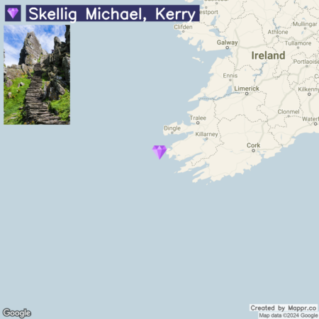 An image depicting a map of Ireland with a location pin over Skellig Michael, Kerry on the southwest coast, accompanied by a photograph showing a stone stairway amidst greenery on the rugged terrain of Skellig Michael.