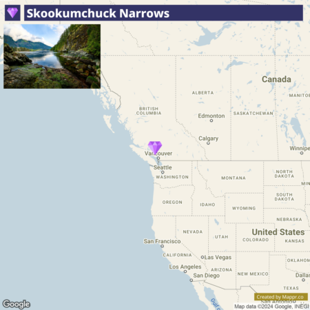 An image displaying a map focused on the Skookumchuck Narrows area in British Columbia, Canada, along with parts of the Pacific Northwest of the United States. There's a top banner with the text "Skookumchuck Narrows". The map shows major cities like Vancouver, Seattle, San Francisco, and Los Angeles with a pink marker on Vancouver and surrounding areas in British Columbia. The map credits include "©2024 Google, Map data ©2024 Google, INEGI".