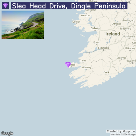 A composite image with a scenic view of Slea Head Drive on the Dingle Peninsula in the upper left, featuring a coastal road with lush greenery, and a Google map of Ireland in the lower right highlighting the Dingle Peninsula location with a purple marker.