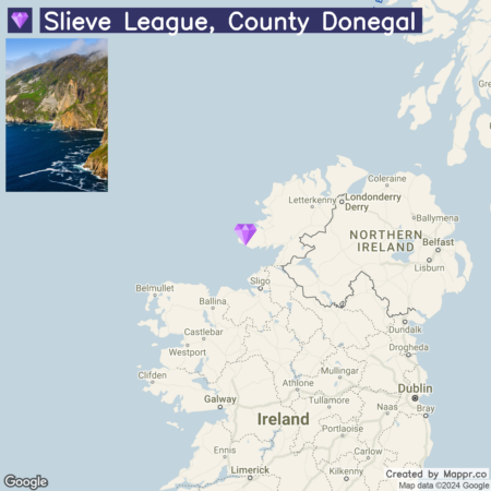 Map showing the location of Slieve League cliffs in County Donegal, Ireland, with a purple marker indicating the specific area on the map. The surrounding region and nearby towns are visible. There's also an inset photograph in the upper left corner that shows the dramatic cliffs and coastline of Slieve League.